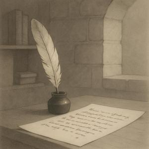A sepia-toned drawing of an inkwell with a quill pen, sitting on a desk with a piece of paper and a bookshelf in the backg...